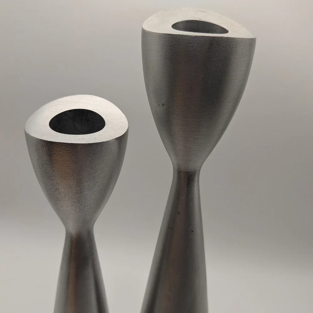 Vintage Mid Century Modern Brushed Silver Metal Taper Candlestick Holders Set 2